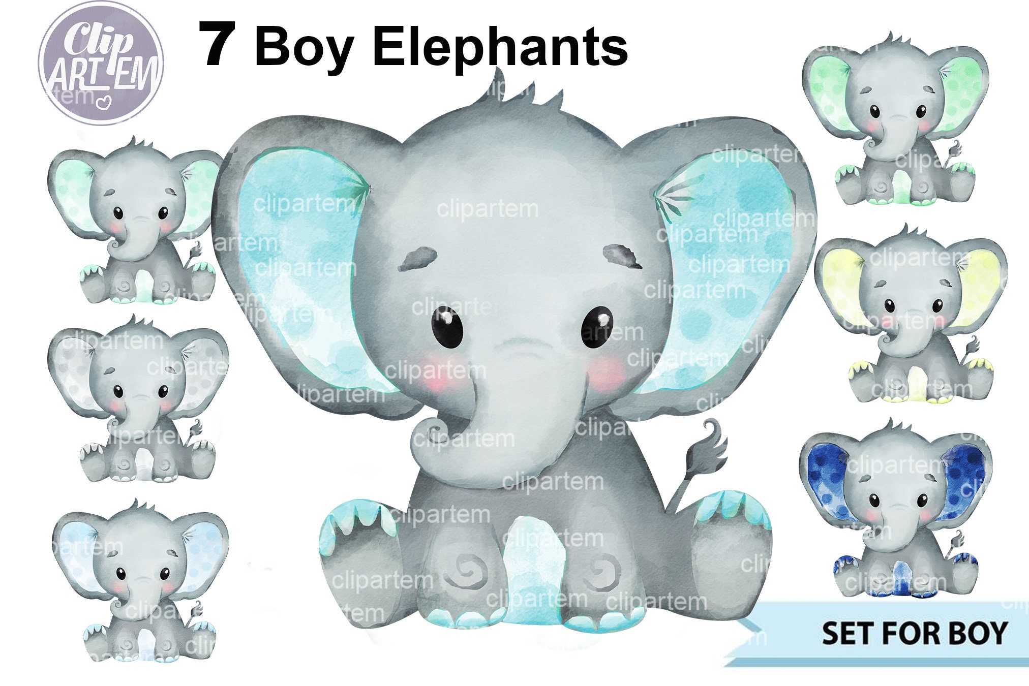 Watercolor Elephant Boy Clip Art, Baby Blue Elephant, Mint