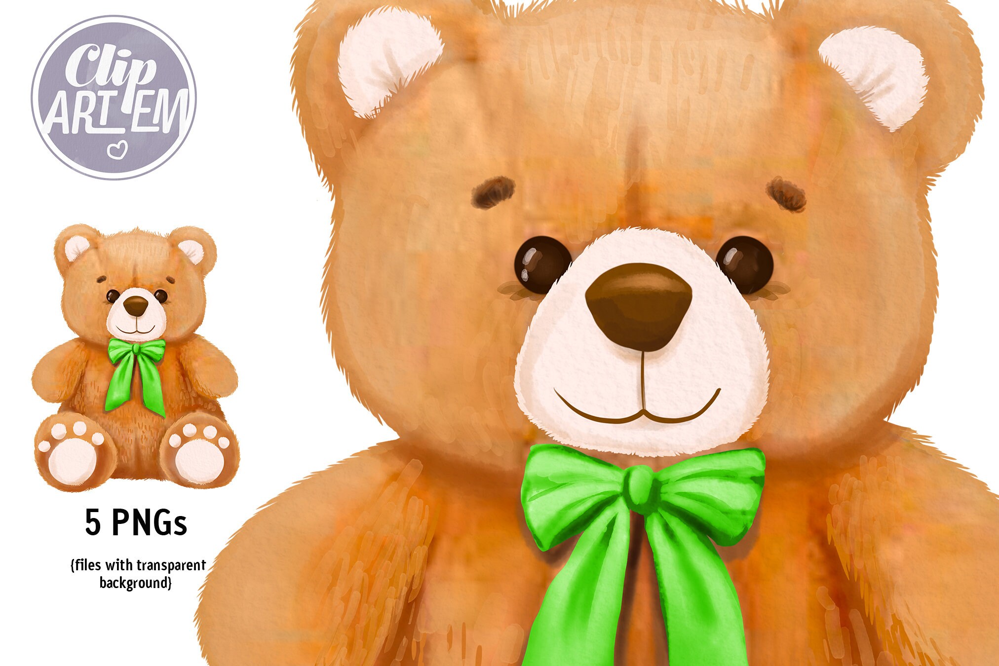 Green Brown Teddy Bear image PNG clip art. Cute watercolor baby bear with bow tie and balloons, sublimation transfer.