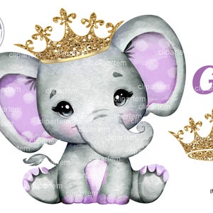 Purple Princess Elepehant with Gold Crown, Royal Baby Girl Shower essential decoration set, crown, it&#39;s a girl and watercolor elephant image