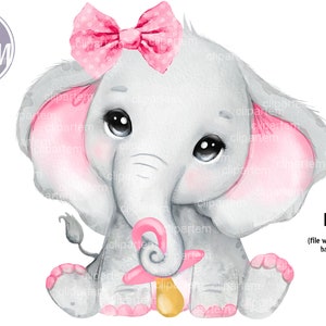 Pink Girl Elephant with Dummy, pacifier watercolor baby elephant clip art, elephant with pink bow, ears, images, sublimation, ready to press