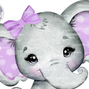 Lila Mädchenelefant Clip Art, Aquarell sehr niedliche kleine Erdnuss, Lavendel Polka Ohren beugen kommerzielle Nutzung Babyparty Sublimationstier