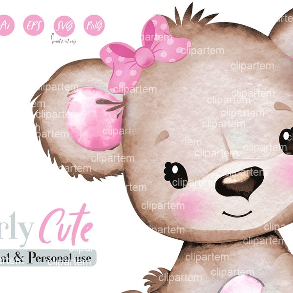 Fille ours en peluche clip art, brun rose mignon bébé fille ours illustration, animaux de la forêt, mignon petit ours rose brun oreilles roses, Bearly mignon