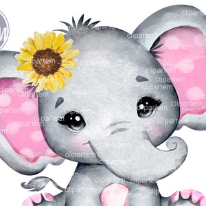 Elephant sunflower baby shower decorations, elephant baby girl pink year and yellow sunflower clip art for baby shower, sublimation,transfer