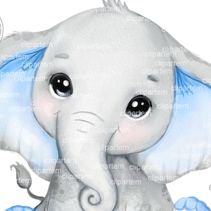 Niedlicher Elefant Junge ClipArt, Aquarell sehr süße kleine Erdnuss, blaue Ohren, kommerzielle Nutzung, Baby Shower, Geburtstag Baby Tier Dekor Safari
