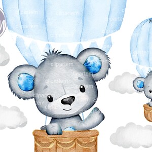 Boy Bear blue hot air balloon clip art with baby blue polka ears. Hand-drawn watercolor bear image with cloud, adventures awaits, decoration