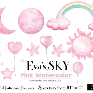 Rosa Aquarell Himmel Clip Art, rosa Mond, Sonne, Wolken, Regenbogen, spitze Sterne, abgerundeter Stern, Herzballon, Halbmond, Babydekor, Kunst