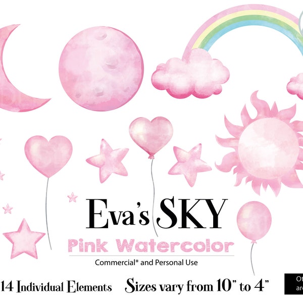 Pink Watercolor Sky clip art, pink moon, sun, clouds,rainbow, pointy stars, rounded star, heart balloon, baloons crescent, baby decor, art