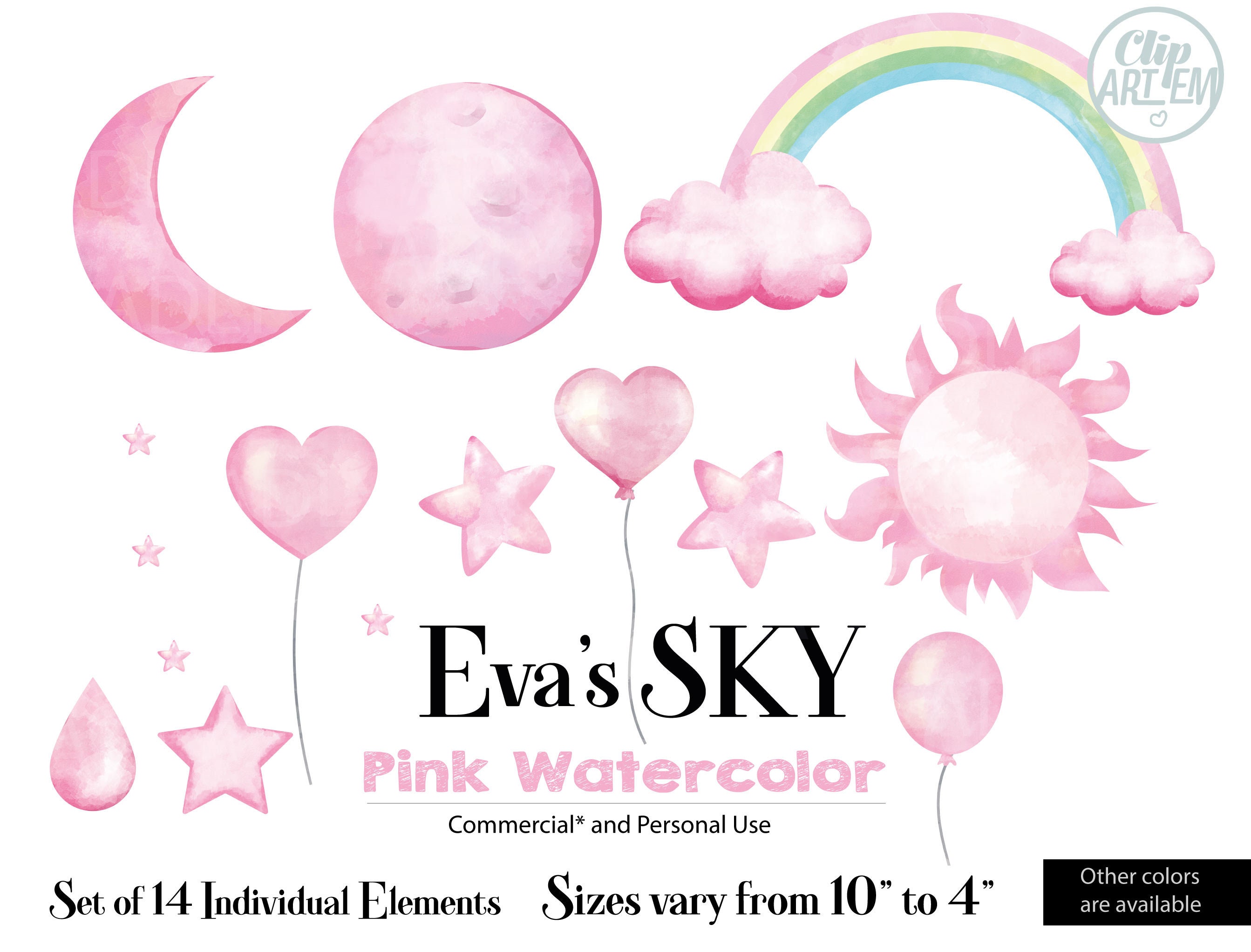 Download Pink Watercolor Sky Clip Art Pink Moon Sun Cloudsrainbow Etsy