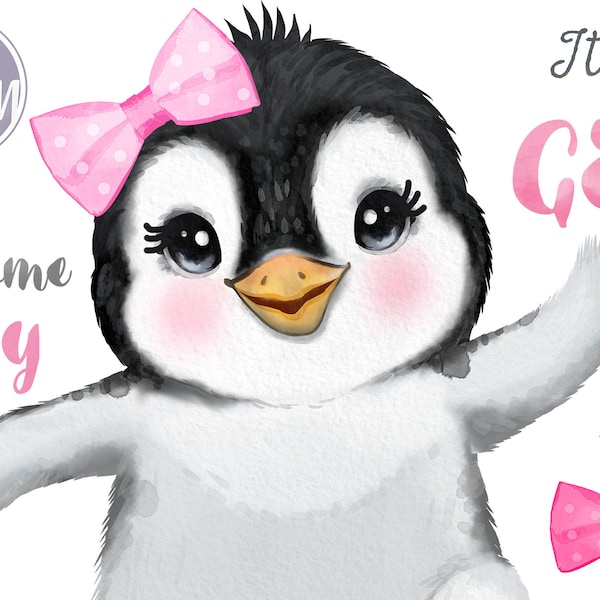 Girl Penguin baby shower decor images png digital files pink bow baby penguin, nursery wall art, baby room decor, transfer image