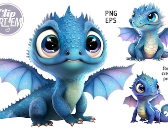 May include: Three cartoon blue baby dragons with large eyes and wings. The dragons are in different poses, one is sitting with its wings spread, one is standing with its wings folded, and one is sitting with its wings folded.