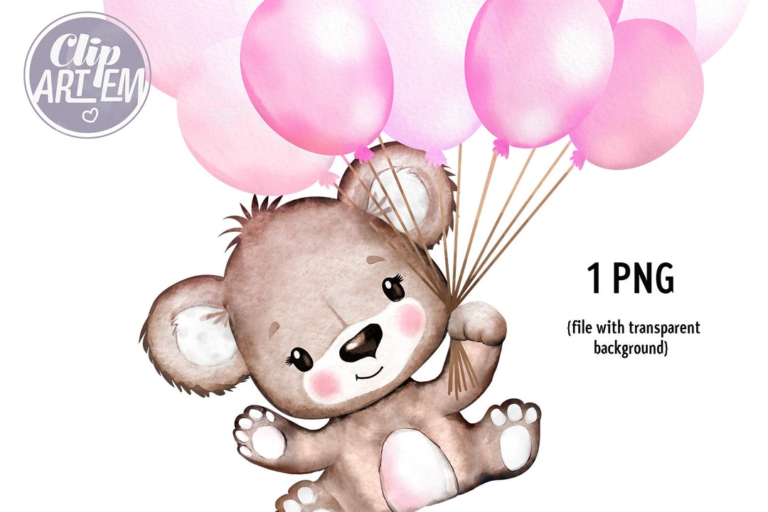 Pink Bear With Bundle of Balloons Flying, Girl Bear Holding Pink ...