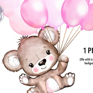 Pink Bear with Bundle of Balloons flying, girl bear holding pink balloons, very cute teddy bear clip art, png, baby arrival, welcome baby