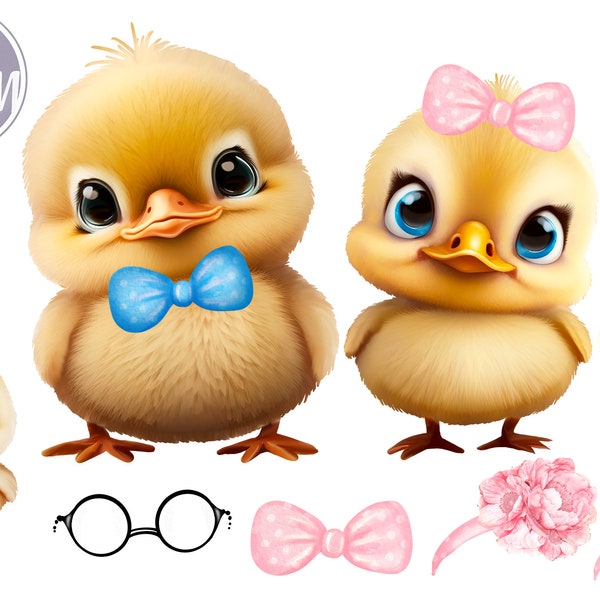 Bundle of 5 Cute Baby Chicks and Ducklings Clip Art for Sublimation, Parties, T-Shirts, Nursery Wall Art, Baby Farm animal, boy girl chick