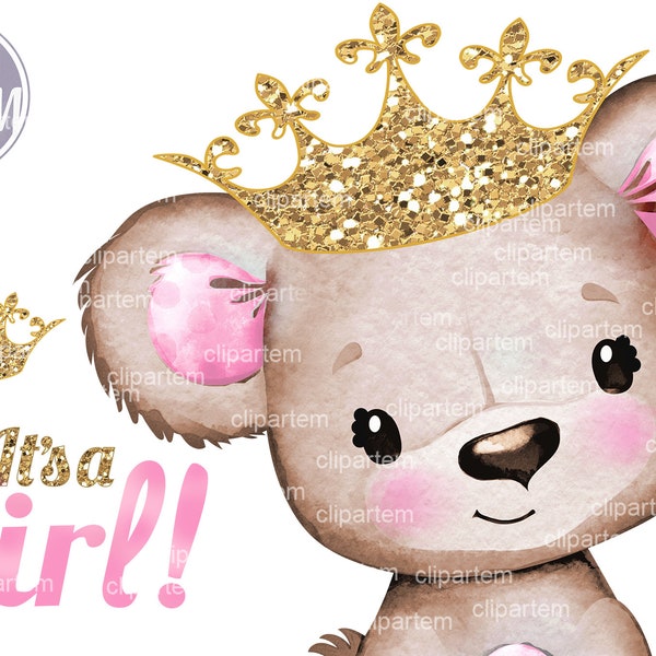 Princess Baby Bear with Pink ears tummy and gold crown. Royal baby bear shower, It's a Girl, glittern golden tiara 3 PNG, sublimation images