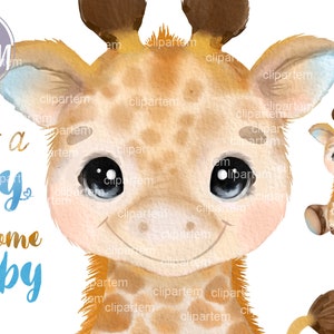 Ensemble de 7 PNG garçon girafe aquarelle, joli petit garçon, bienvenue bébé, c'est une décoration de shower de bébé garçon, décoration de gâteau de table, conception d'invitation
