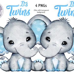 Es ist Zwillinge Junge Elefanten mit blauen Ohren, Aquarell Clip Art für Babyparty, Geburtstag, Tischdekoration, Sublimation. PNG-Dateien, süße Jungen