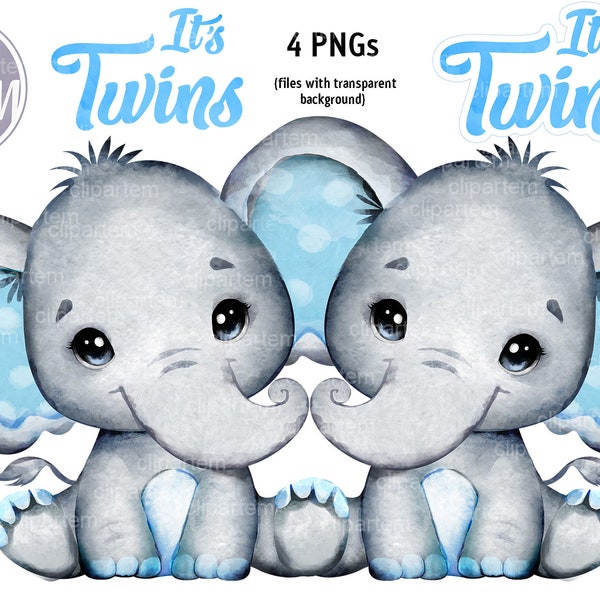 It's Twins Boy Elephants with blue ears, watercolor clip art for baby shower, birthday, table decoration, sublimation. PNG files, cute boys