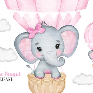 Rosa Elefant Heißluftballon Clip Art, Sublimation, Mädchen Babyparty, Geburtstag. Aquarell süßer Elefant, Bildtransfer, Illustration