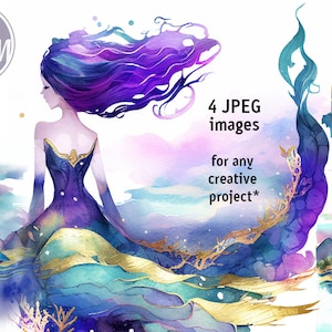 Mermaid Print, Mermaid wall art image for home decor, beautiful mermaid swimming in the sea, ocean pruple teal gold nursery, bathroom art