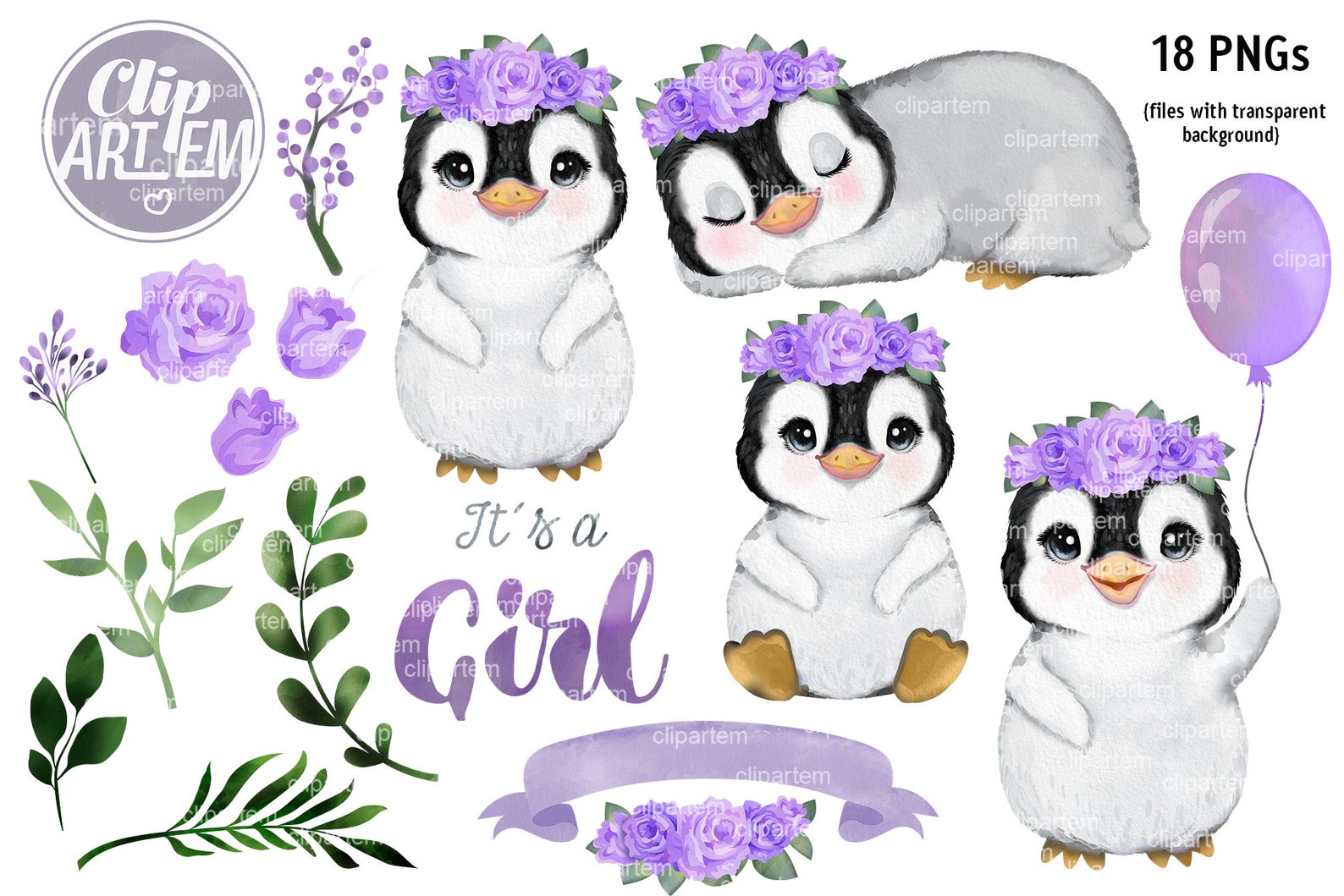 Purple Girl Penguin Clip Art Set, 18 Watercolor Clip Art Floral Crown ...