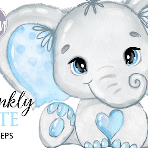 Immagine PNG acquerello con cuore di elefante blu super carino, pancia e proboscide verso l'alto, sublimazione, decorazione per baby shower, topper, vettore del 1° compleanno