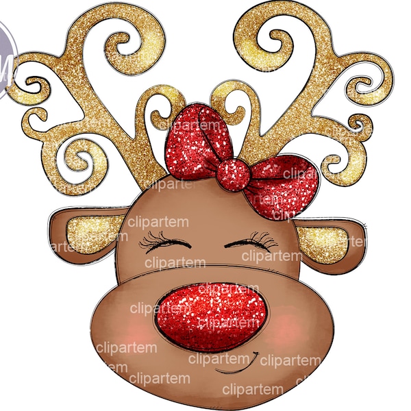 Reindeer sublimation, Christmas clip art, cute girl reindeer with red bow, PNG, transfer print deer design, gold glitter reindeer doodle art