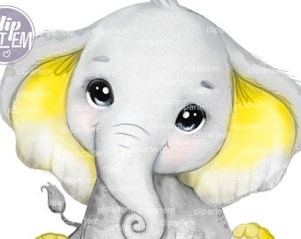Yellow elephant baby watercolor, very cute little peanut, gender neutral yellow ears, commercial usage, baby shower, birthday african animal