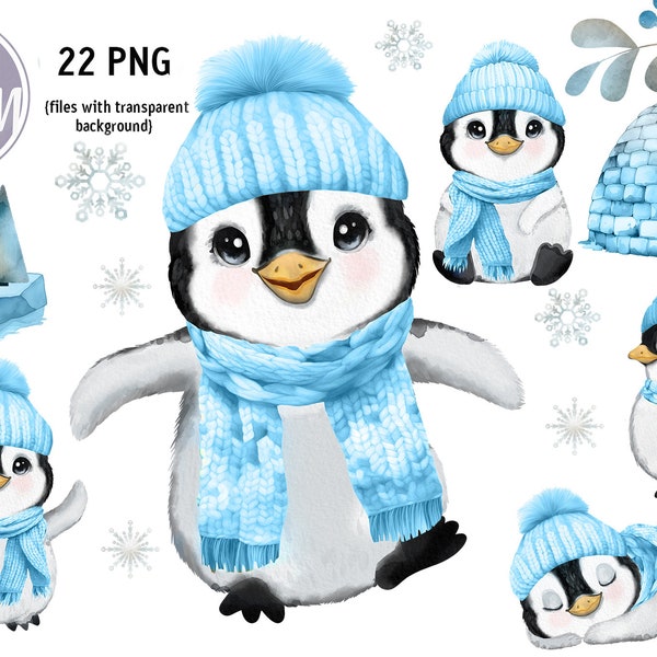 22 Arctic Baby Penguin Clip Art - PNG for Sublimation, Nursery, T-Shirts - Watercolor Penguin  Boy images with hat and scarf transfer bundle