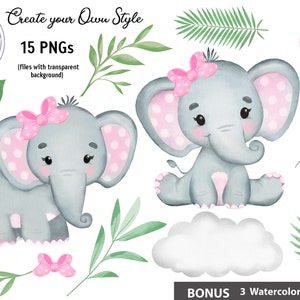 Clip Art de Elefante Menina, pequenos elefantes cor-de-rosa em aquarela fofos com folhas verde-claras, nuvem, balões, estrela, nuvem. Uso comercial limitado.