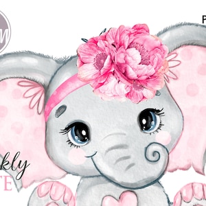 Hot Pink Girl Elephant with Large Flower headband on her head, watercolor clip art, baby elephant for shower, birthday image png picture