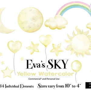 Illustraties lucht, gele aquarelafbeeldingen van hoge kwaliteit voor elk project, commercieel persoonlijk gebruik, sterren, wolken, boter, maan, druppel, hart
