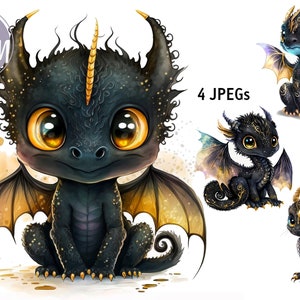 Black Dragon Wall Art Decor Cute Baby Dragons With Gold - Etsy