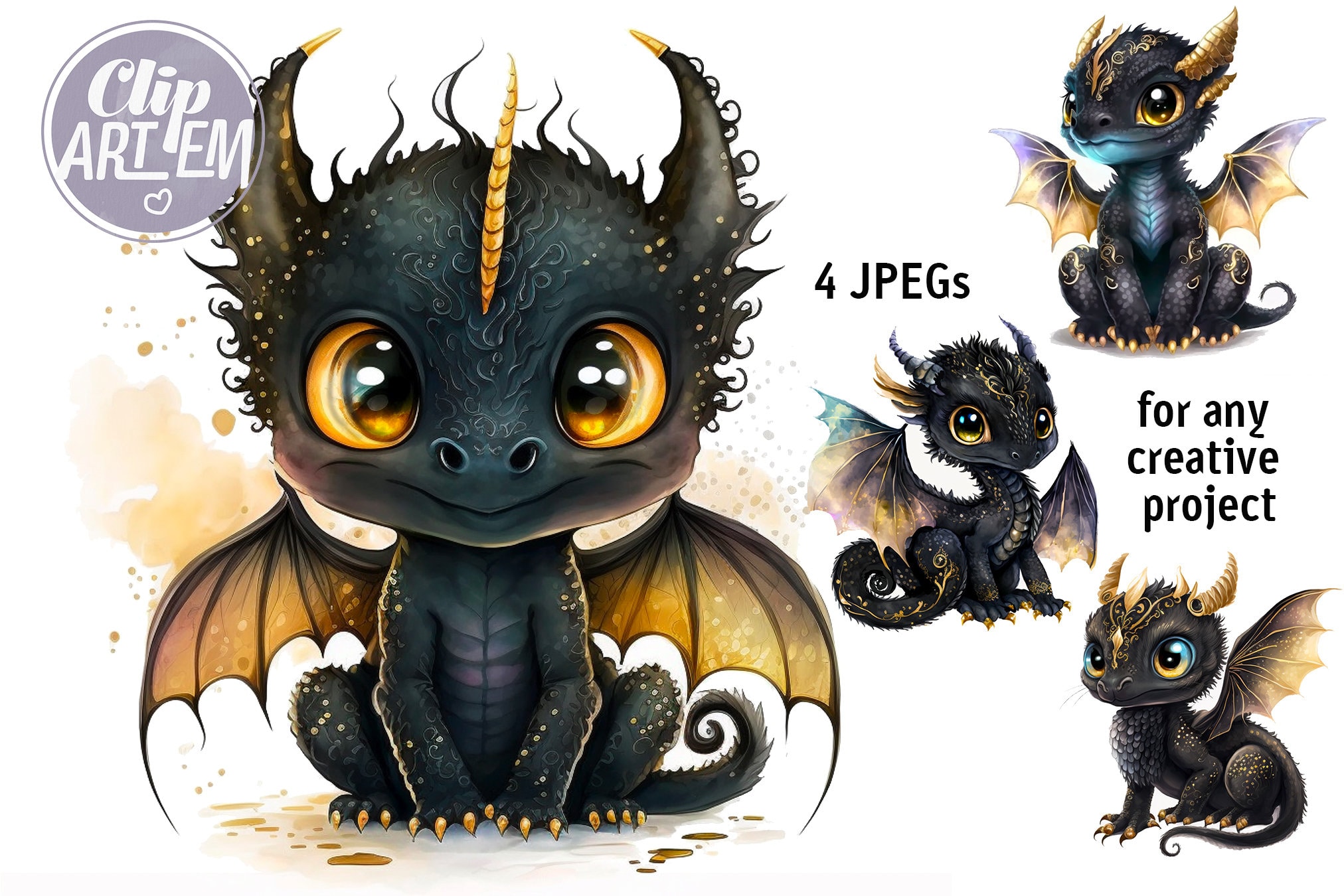 Black Dragon Wall Art Decor Cute Baby Dragons With Gold Etsy