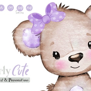 Image clipart fille ours en peluche, vecteur d'ours mignon petite fille marron violet, animaux de la forêt, jolies petites oreilles d'ours brun lavande, ours mignon