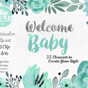 Mint Green Elephant Clip Art, Watercolor. Baby Elephant Clipart, Aqua