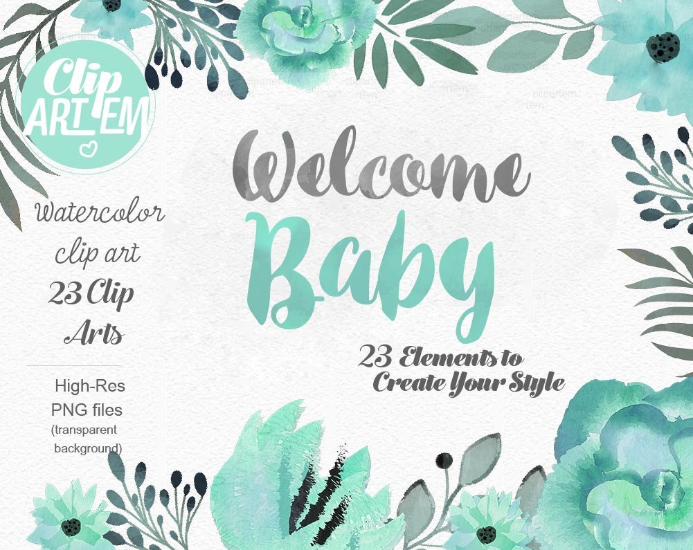 Mint Green Elephant Clip Art, Watercolor. Baby Elephant Clipart, Aqua ...