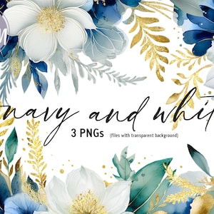 Marineblauwe en witte bloemen illustraties met accenten van goud, bloemen bruiloft illustraties voor uitnodigingen, bruids douche, donkerblauw en wit groen
