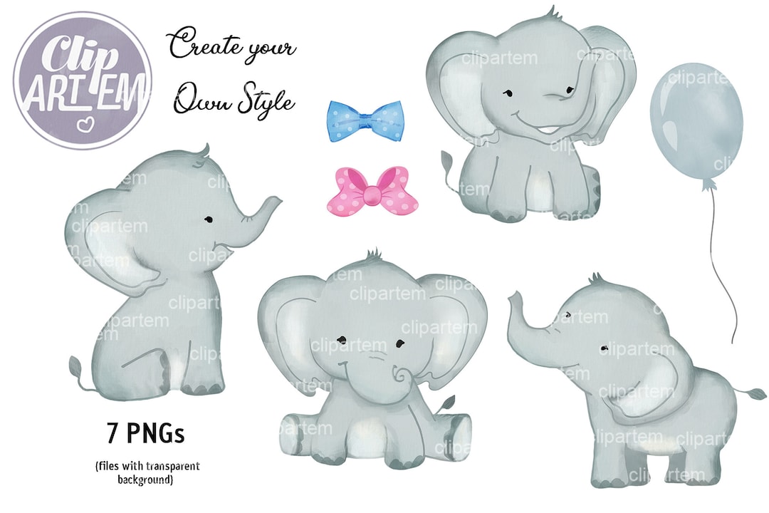 Cute Elephants Clip Art, Twins Doubles, Watercolor Baby Elephants, Boy