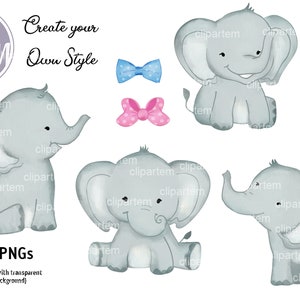 Image clipart éléphants mignons, jumeaux, éléphanteaux aquarelles, garçon, fille, noeud papillon, rose et bleu, ballon, neutre, images