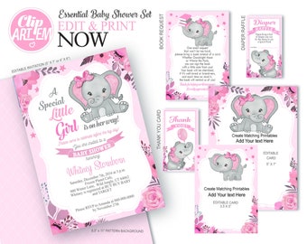 Elephant Baby Shower Invitation girl, Peanut Invitation Set Girl, Elephant Flower invitation, Little peanut Baby shower pink chevron invites