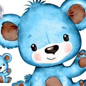 Blue bear with brown ears waving cute cub png image of baby bear boy animal illustration