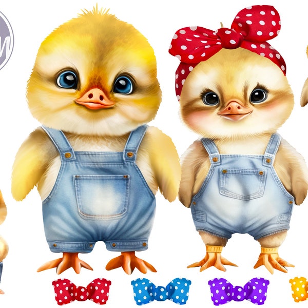 Bundle of 6 Cute Baby Chicks and Ducklings Clip Art for Sublimation, Illustration, T-Shirt Transfers, Nursery Wall Art,12  png images birds