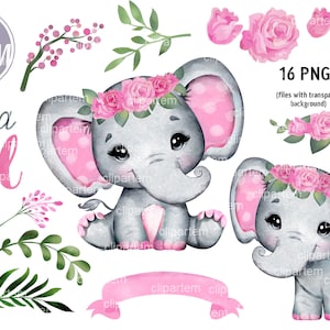 Super Bundle Girl Elephant with Floral crown pink roses, it's a girl baby shower set, decorations for shower, clip art, invitation topper