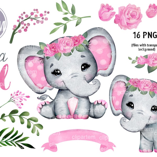 Super Bundle Girl Elephant con corona floral de rosas rosadas, es un set de baby shower para niña, decoraciones para ducha, clip art, adorno de invitación