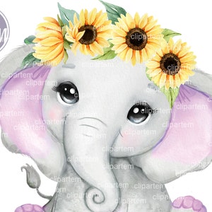 Purple Elephant sunflower baby shower decorations, elephant baby girl yellow sunflower clip art baby shower, sublimation transfer commercial