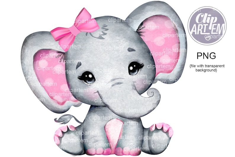 May include: A watercolor illustration of a cute gray elephant with pink ears and a pink bow. The elephant has big eyes and a sweet expression.