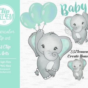 Mint Green Elephant Clip Art, Watercolor. Baby Elephant Clipart, Aqua