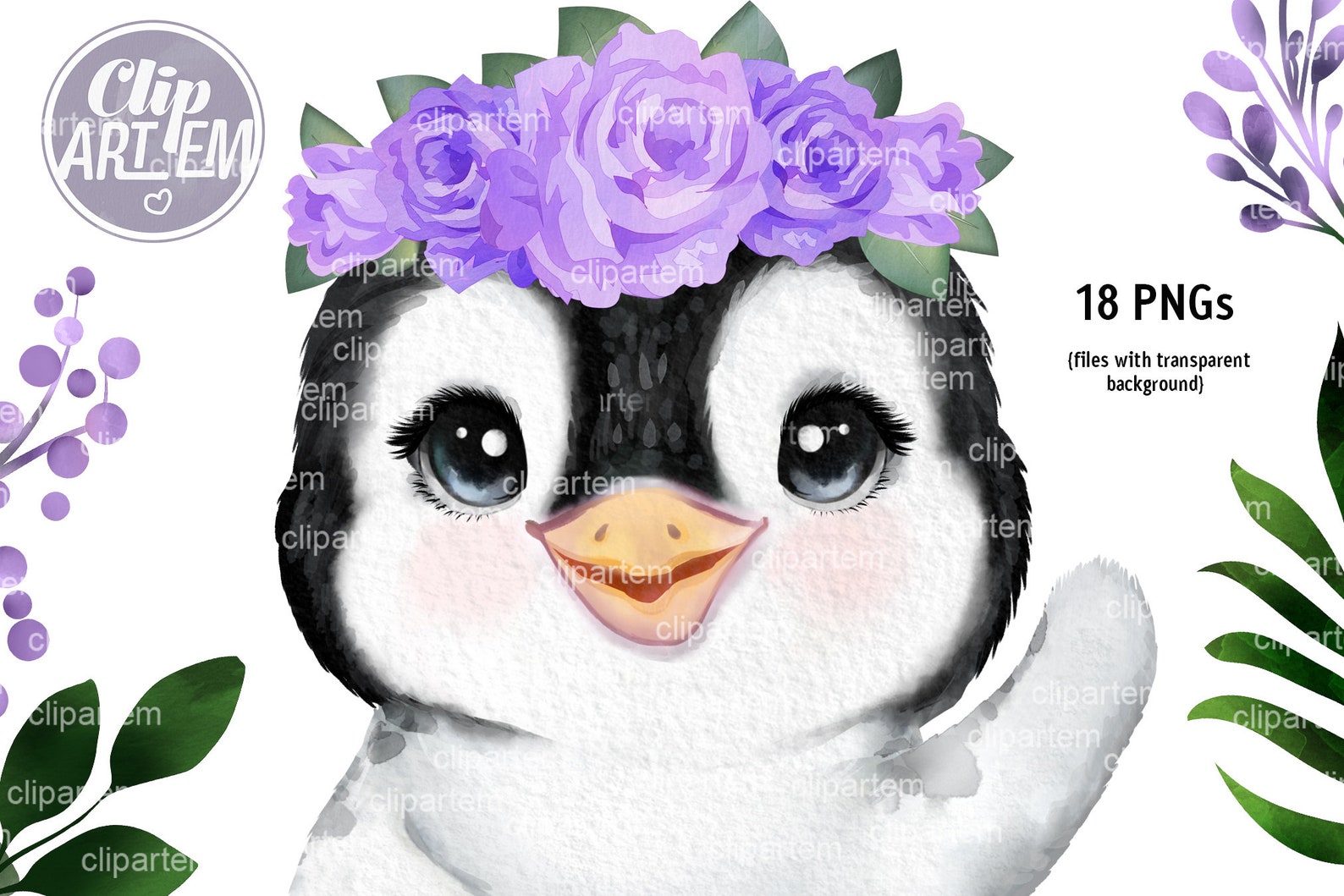 Purple Girl Penguin Clip Art Set, 18 Watercolor Clip Art Floral Crown ...