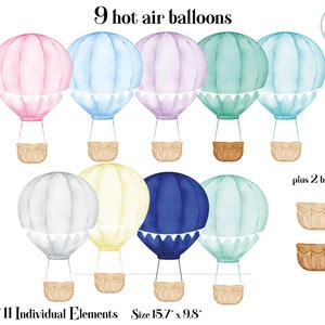 Heteluchtballon set van 9 kleuren, bundel om kunst voor kinderkamer, avontuurlijke uitnodiging, babyshowerdecoratie te maken. Hoge kwaliteit png, aquarel