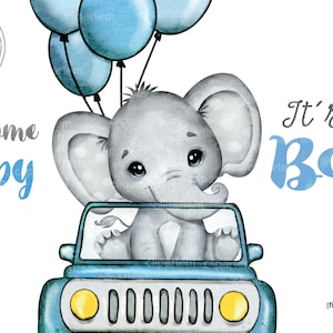 Jongen babyolifant in auto met ballonnen blauwe babyvrachtwagen met schattige aquarelolifant het is een jongen welkom babyshowerdecoratie, png-illustraties